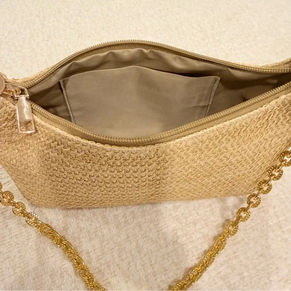 Woven Straw Shoulder Bag with Gold Chain Handle - Natural - Picture 6 of 9